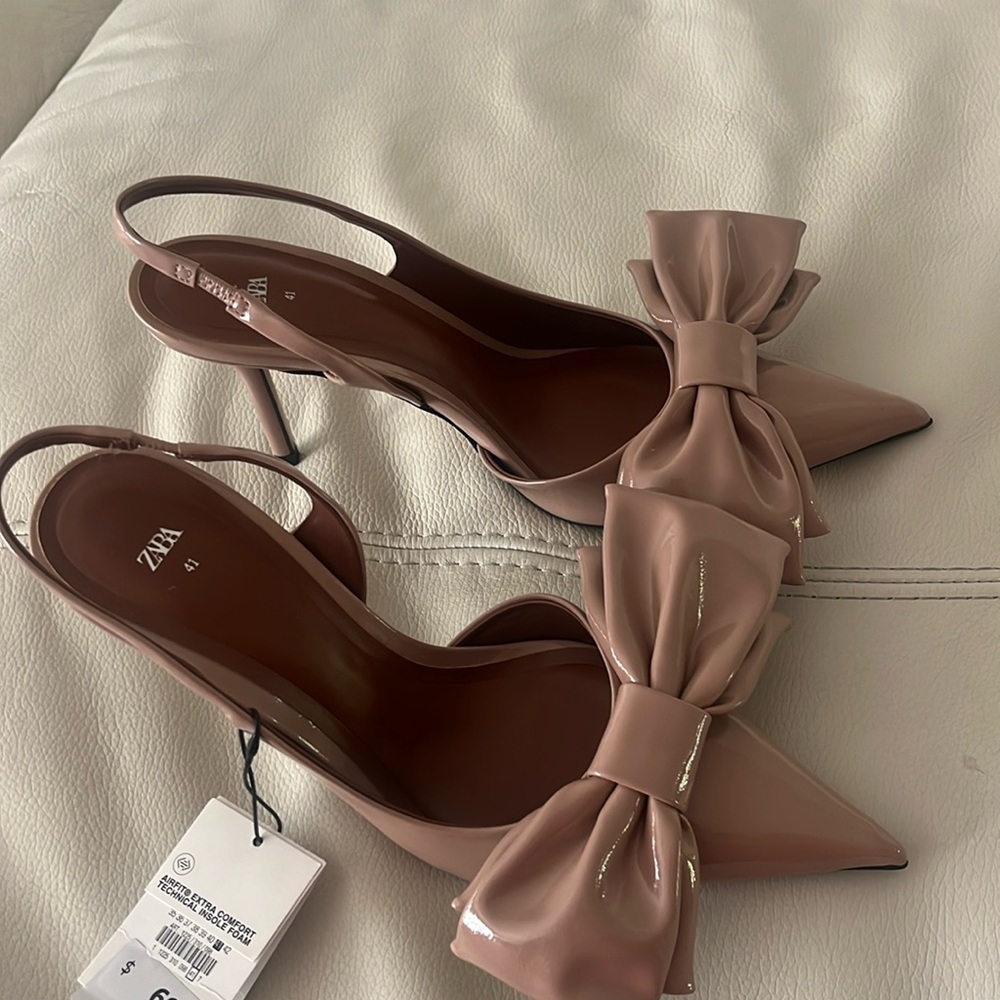 Zara Blush Pink Patent Leather Bow Slingback Heels